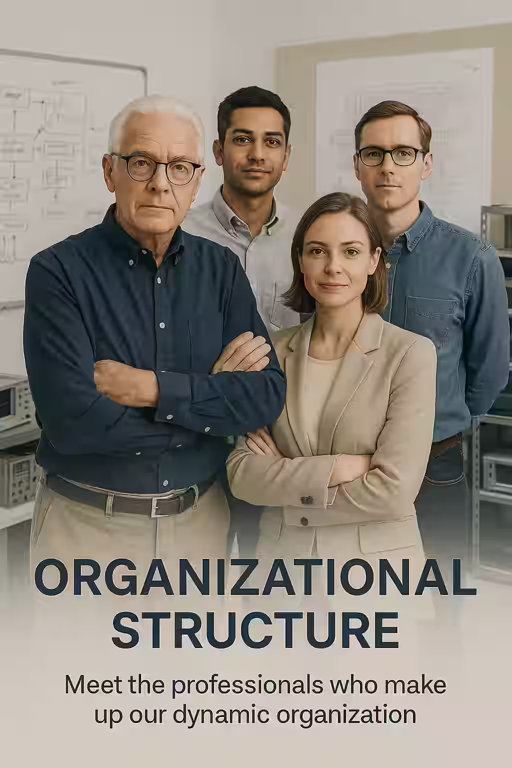 A professional portrait of four diverse electronics professionals standing in front of whiteboards with technical schematics, representing iESN’s structured, collaborative team approach.