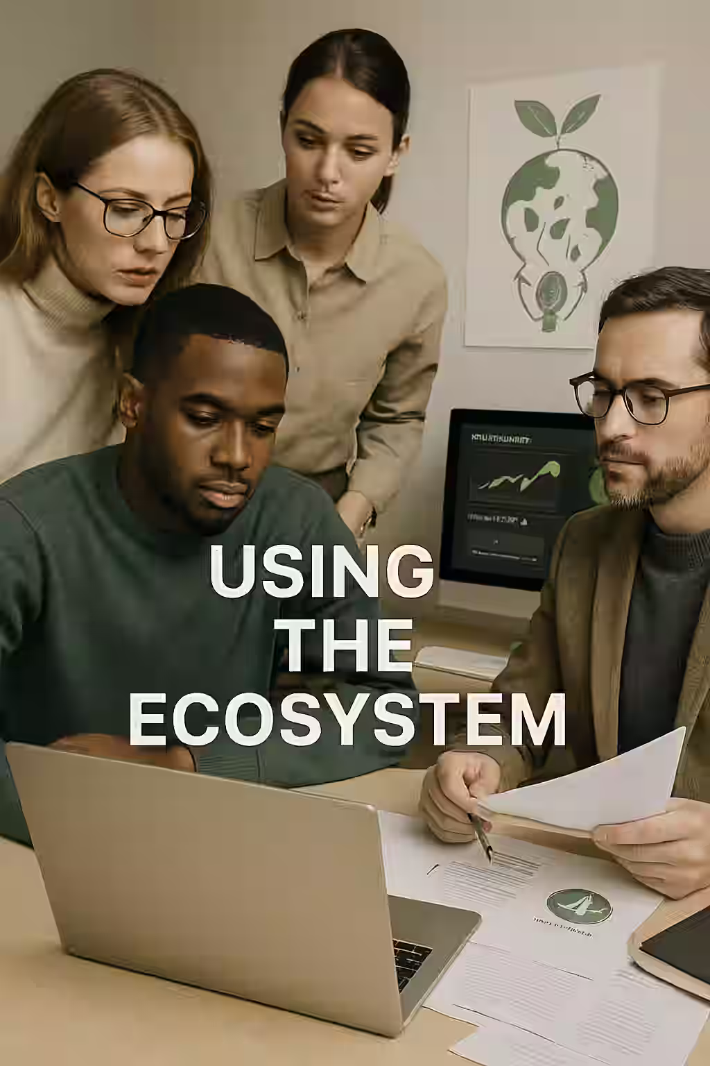 A composite digital photograph features four individuals interacting with a digital platform interface and electronics diagrams — illustrating how users navigate and utilize the iESN ecosystem effectively.