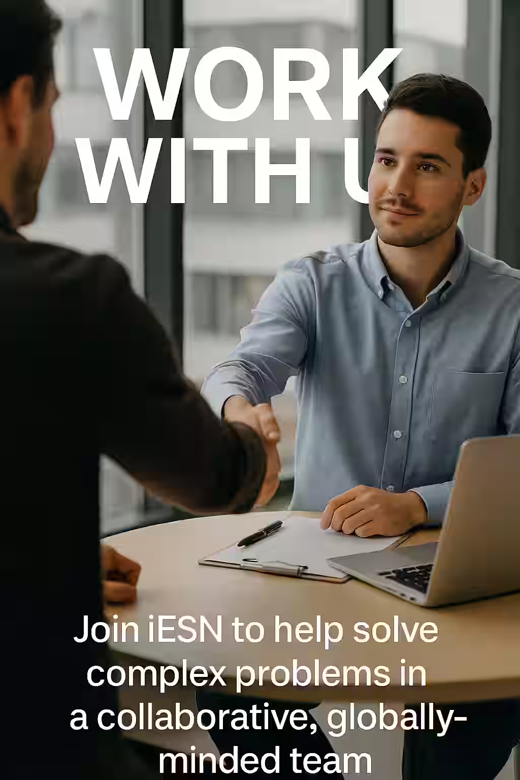 A composite image with overlaid text showing engineers collaborating in lab and industrial settings — representing iESN’s call for professionals to join a mission-driven global team.