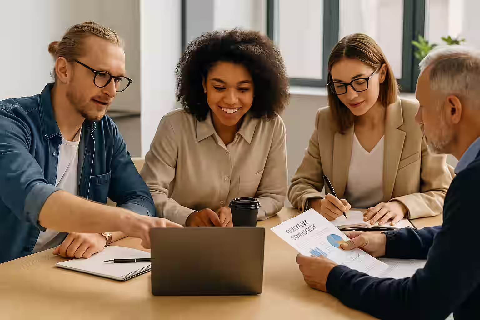 A photograph captures four professionals seated around a shared workspace, reviewing documents and digital content — symbolizing collaborative knowledge sharing and technical content contribution.