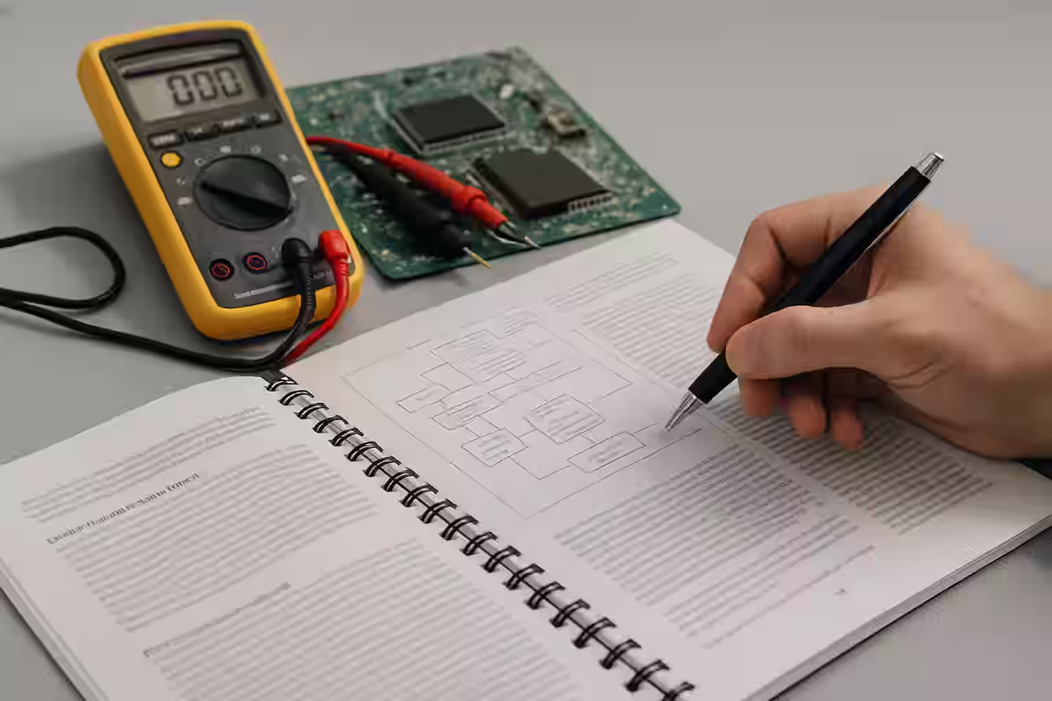 A high-resolution photograph depicts a close-up of technical documentation on a desk beside a laptop and engineering tools — symbolizing the precision and structure behind iESN’s evolving knowledge base.