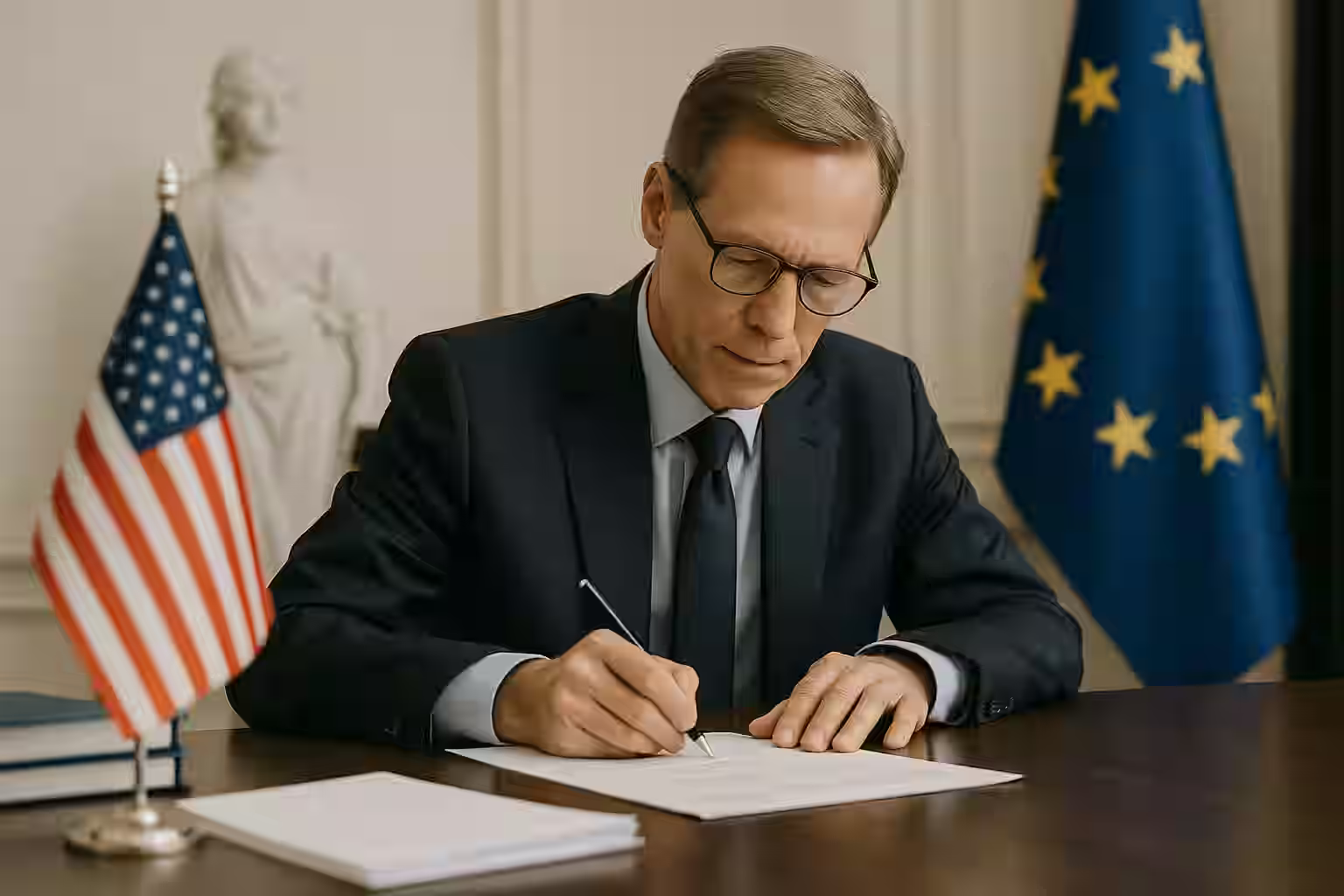 A photograph captures a middle-aged professional submitting formal documents at a government office counter — representing the process of applying for institutional and public innovation grants.