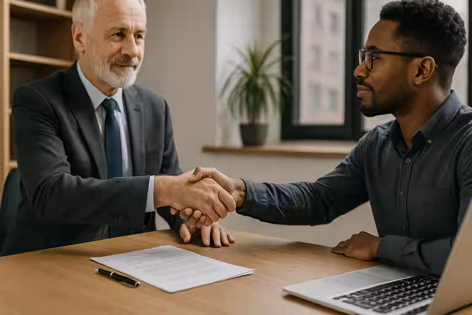 A high-resolution photograph captures two professionals shaking hands over a desk with engineering documents and tools — symbolizing trust, transparency, and iESN’s ethical financial framework.