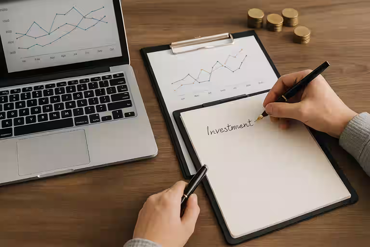 A professional digital photograph composition features financial graphs, electronic components, and a team reviewing investment reports — symbolizing measurable returns in ethical technology development.