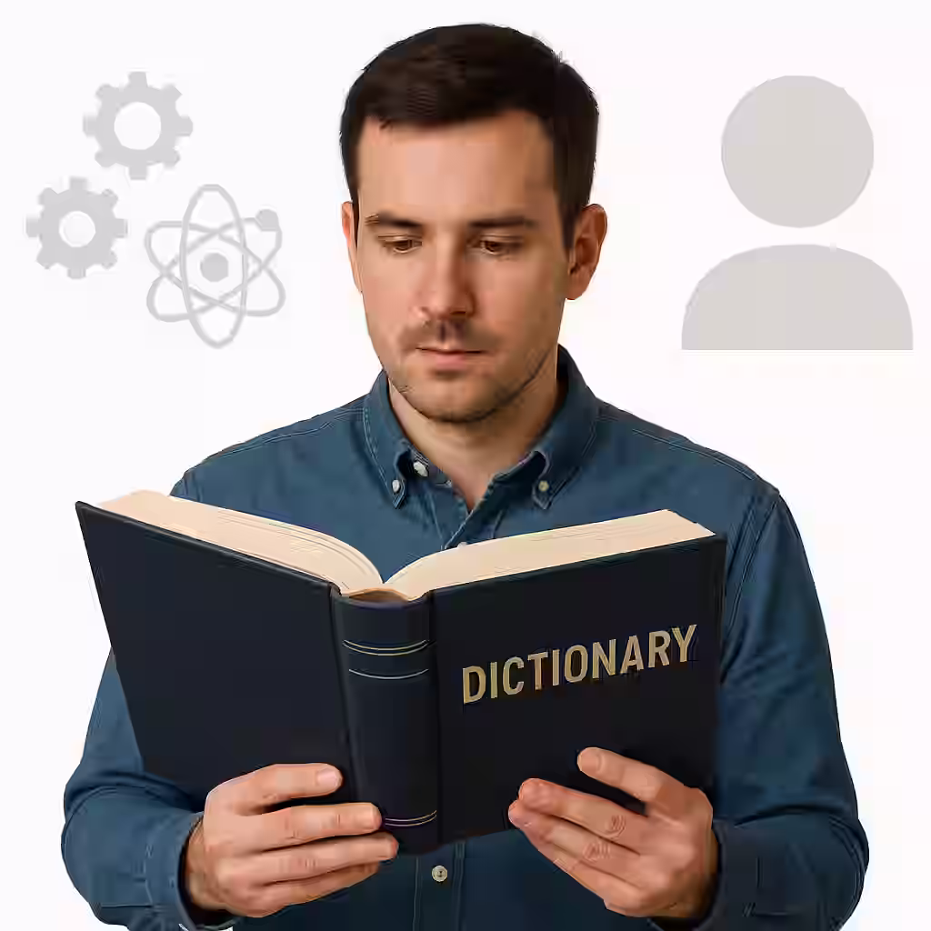 A man in a blue button-up shirt holds and reads a large dictionary with a focused expression, standing against a white background with light gray tech-related icons including gears, an atom, and a person symbol.