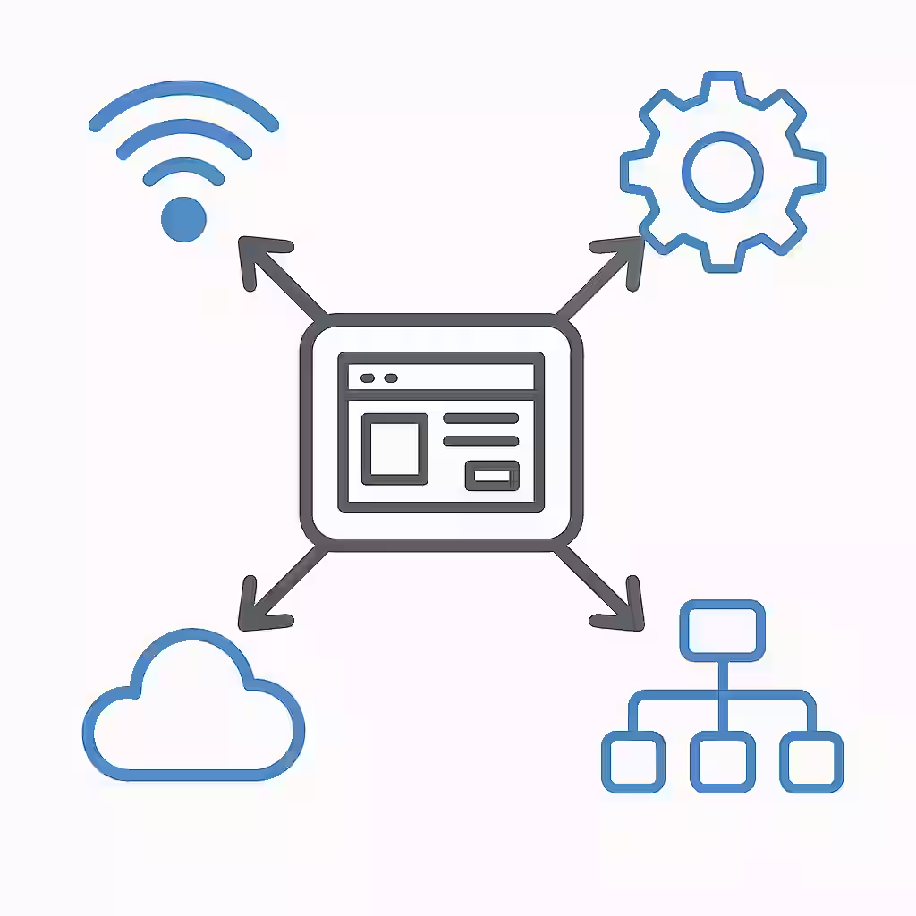 Minimalist vector illustration of a central computer monitor icon connected by arrows to four surrounding icons: a Wi-Fi signal, a gear, a cloud, and a sitemap, all on a white background.