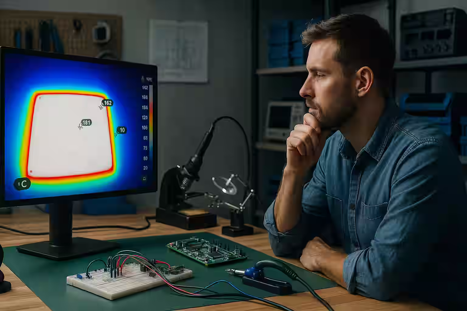 iESN LLC – An electronics engineer analyzing a thermal image on a computer screen at a professional workbench, surrounded by tools, circuit boards, and testing equipment in a modern electronics lab.