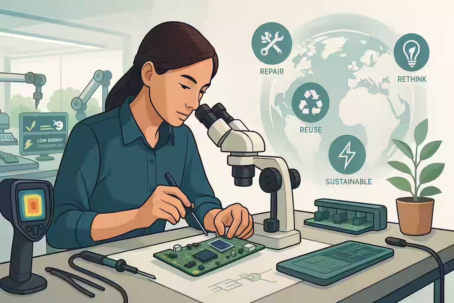 A female electronics technician working at a modern, eco-conscious workstation with a microscope and tools, assembling a green circuit board. Behind her, robotic arms represent sustainable manufacturing, and a semi-transparent globe is overlaid with icons for repair, reuse, rethink, and green energy, emphasizing responsible engineering practices.